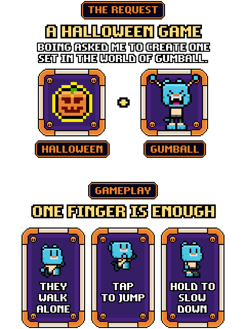Boing's request, a Halloween game in the world of Gumball, and the one-finger gameplay: they walk on their own, tap to jump, hold to slow down