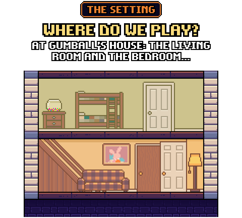 Gumball's house in pixel art: living room and bedroom, where the game begins