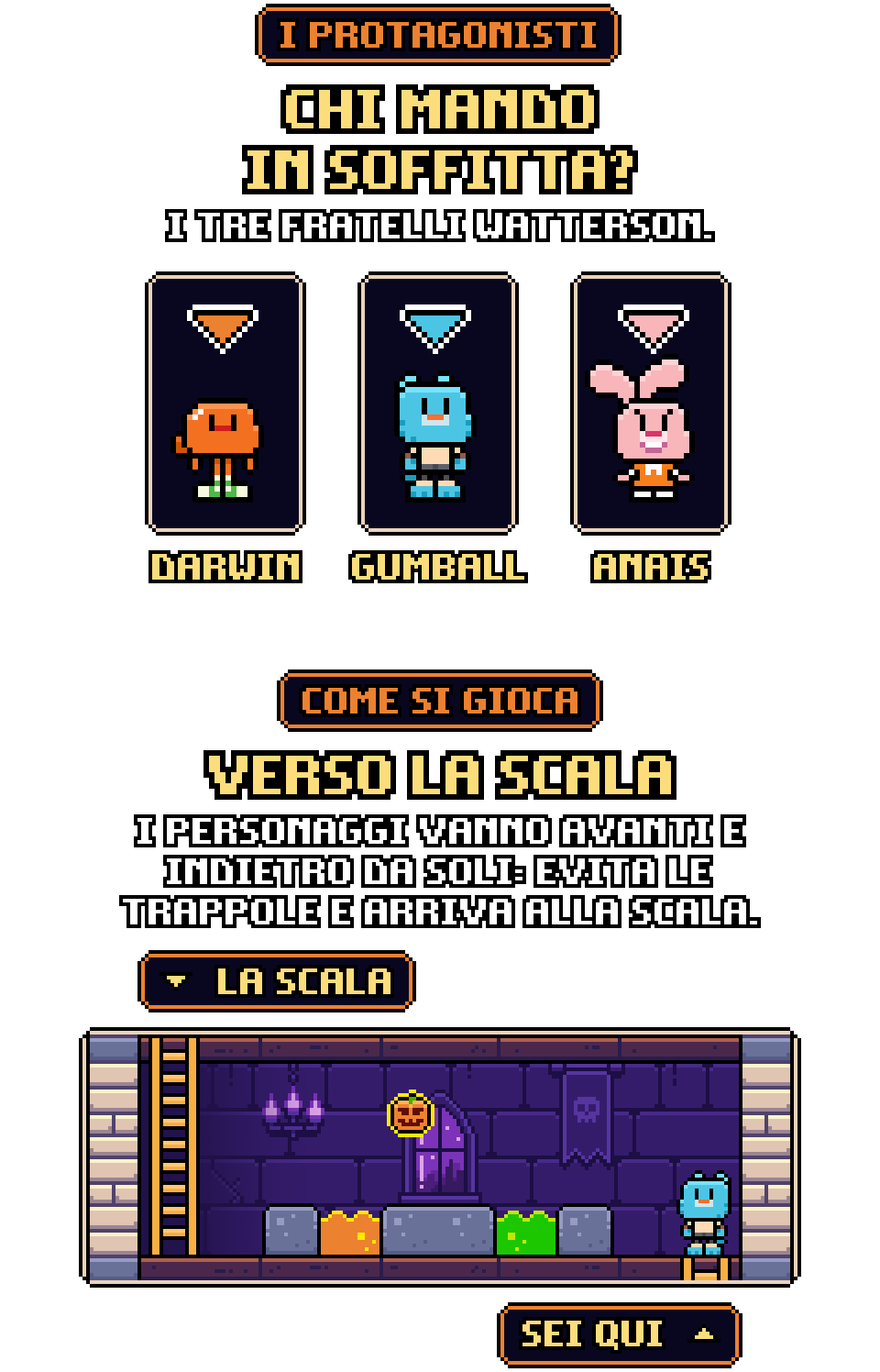 Selezione dei protagonisti Darwin, Gumball e Anais e un piano della soffitta con la scala da raggiungere