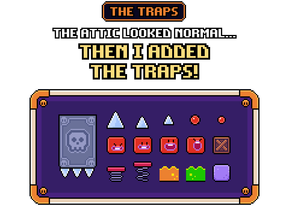 The attic traps in pixel art: skull block, spikes, Clayton, crate, springs, lava, acid and stone block