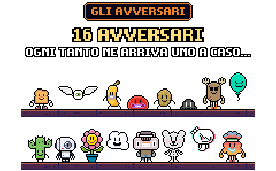 Animazione in pixel art dei 16 avversari di Guai in soffitta!, amici di Gumball, su due piani