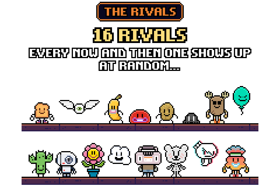Pixel art animation of the 16 rivals in Guai in soffitta!, Gumball's friends, on two floors