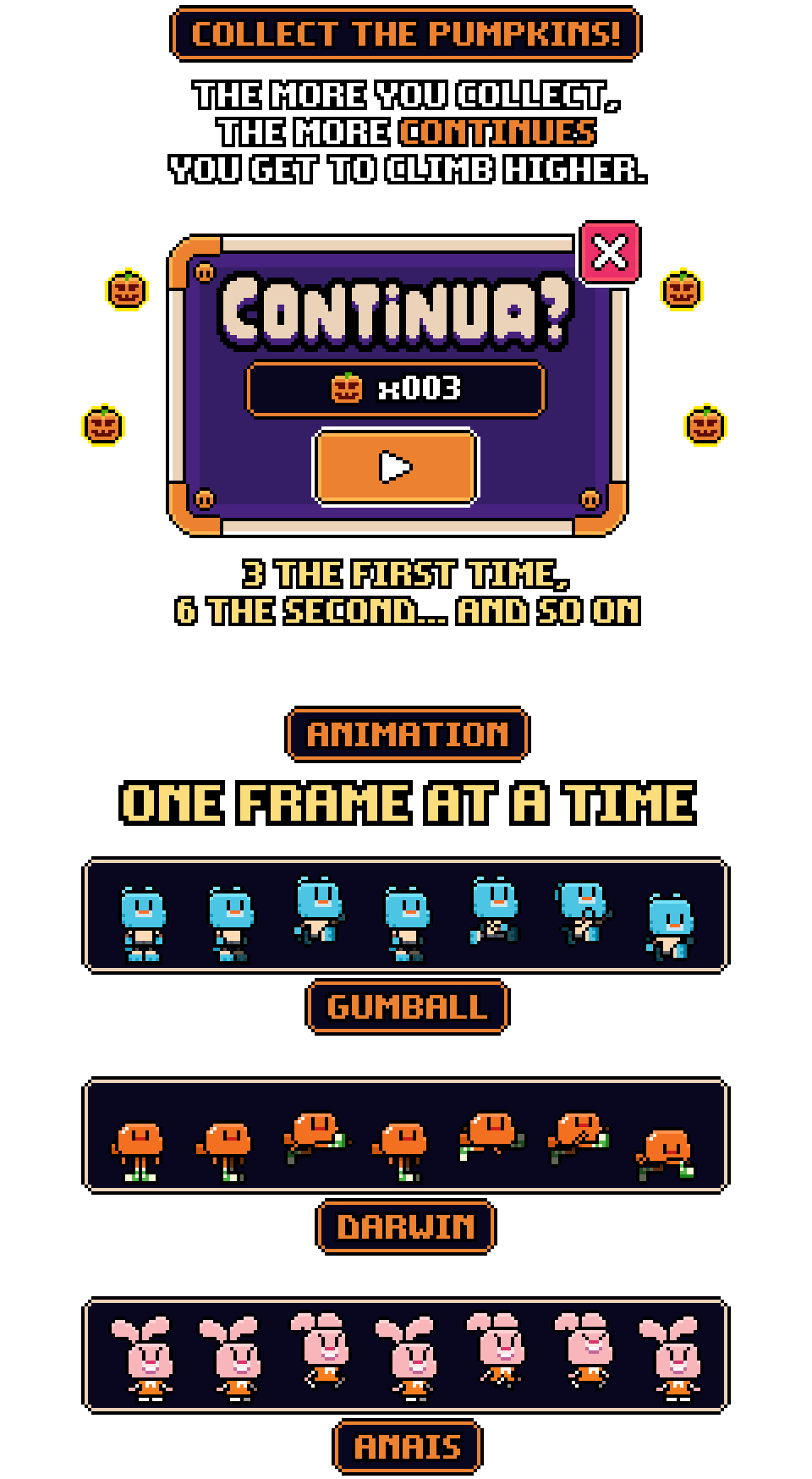 Continue? window with the pumpkins to collect and the animation frames of Gumball, Darwin and Anais