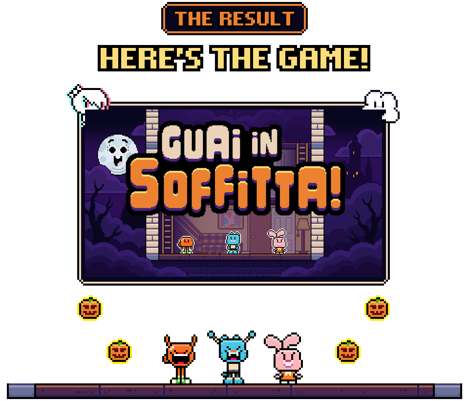 Title screen of Guai in soffitta! with the three Watterson siblings and the pumpkins