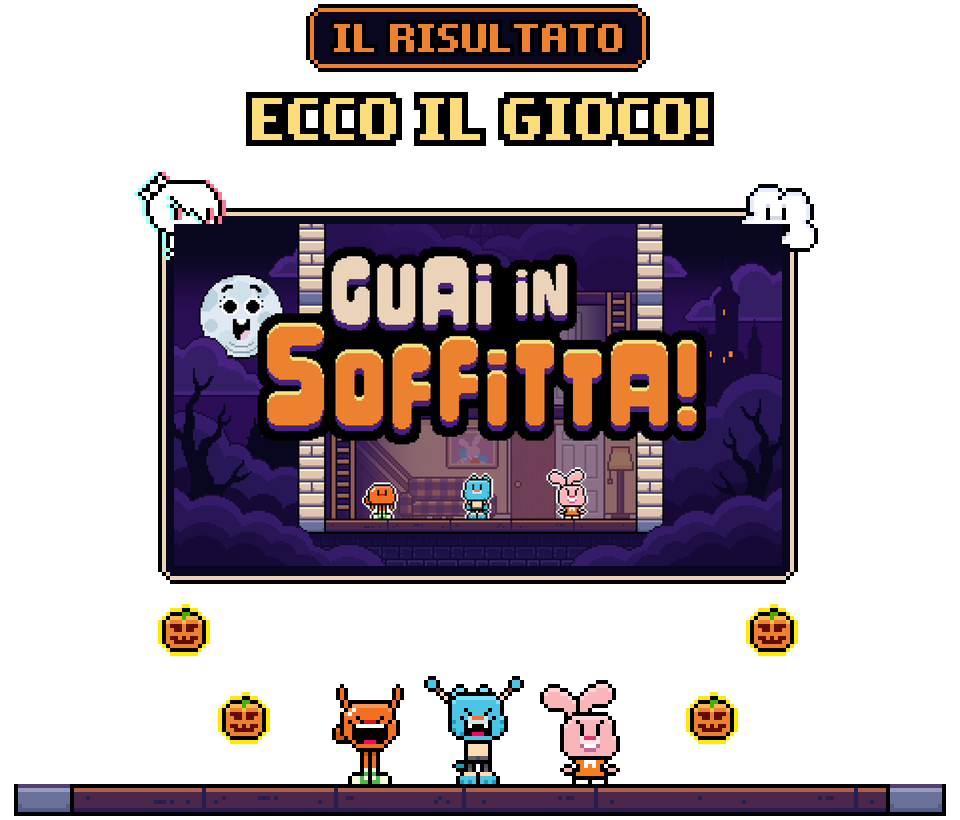 Schermata del titolo di Guai in soffitta! con i tre fratelli Watterson e le zucche