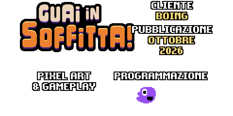 Crediti di Guai in soffitta!: cliente Boing, uscita ottobre 2026, pixel art e gameplay The_Oluk, programmazione Dinobros