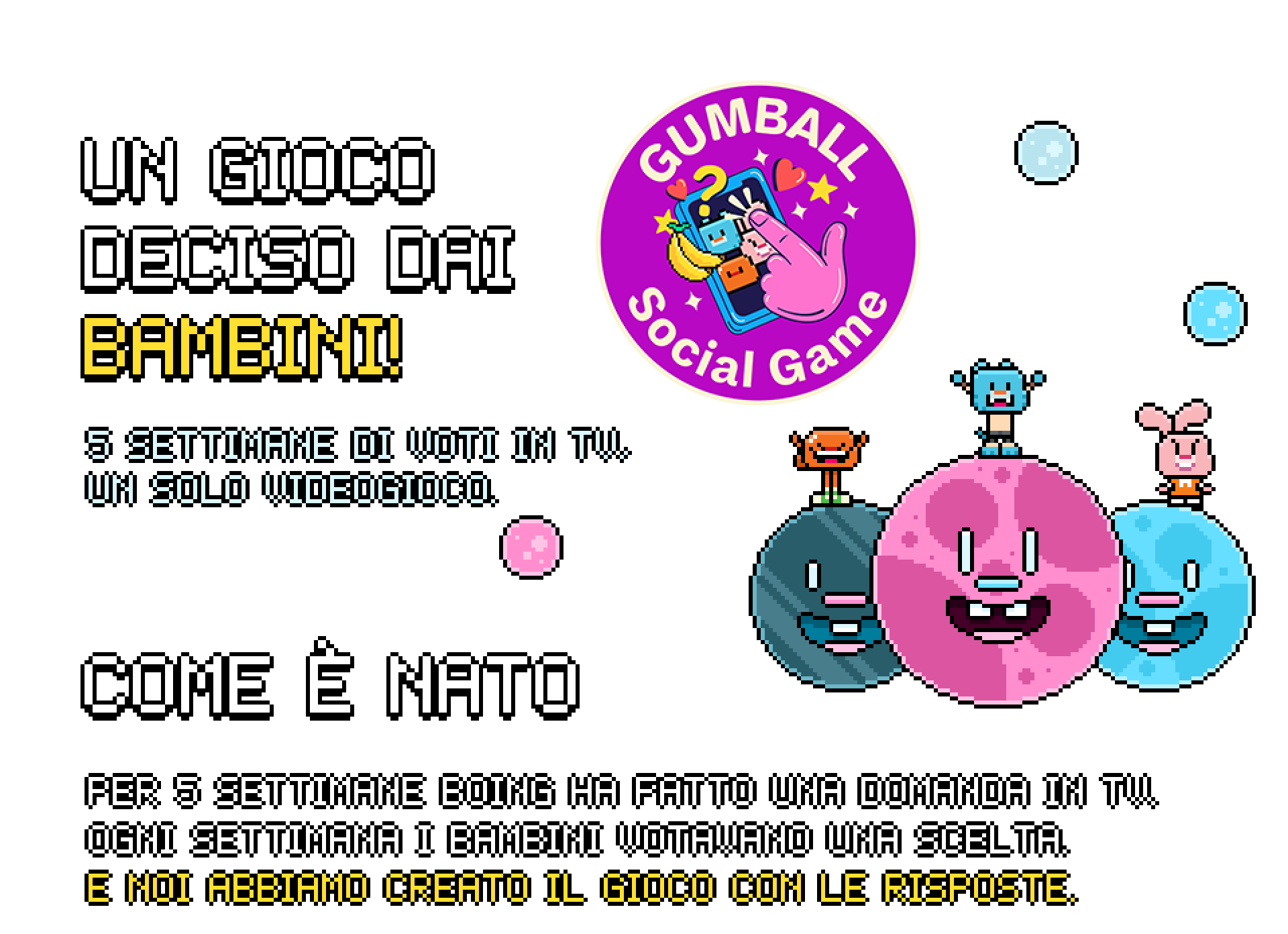 Gumball Social Game, il videogioco Boing deciso dai bambini: titolo, logo e i tre protagonisti in pixel art