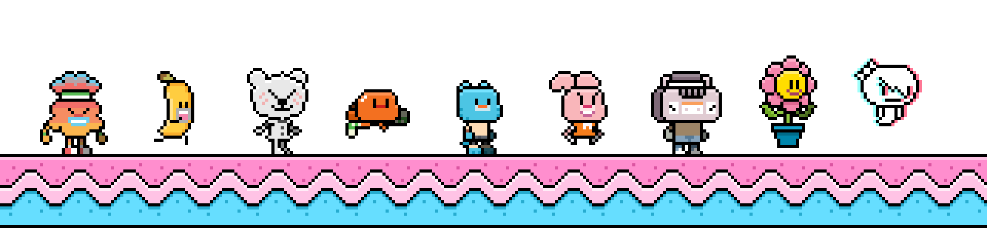 Animazione in pixel art: Gumball, Darwin e Anais corrono insieme agli amici di Gumball