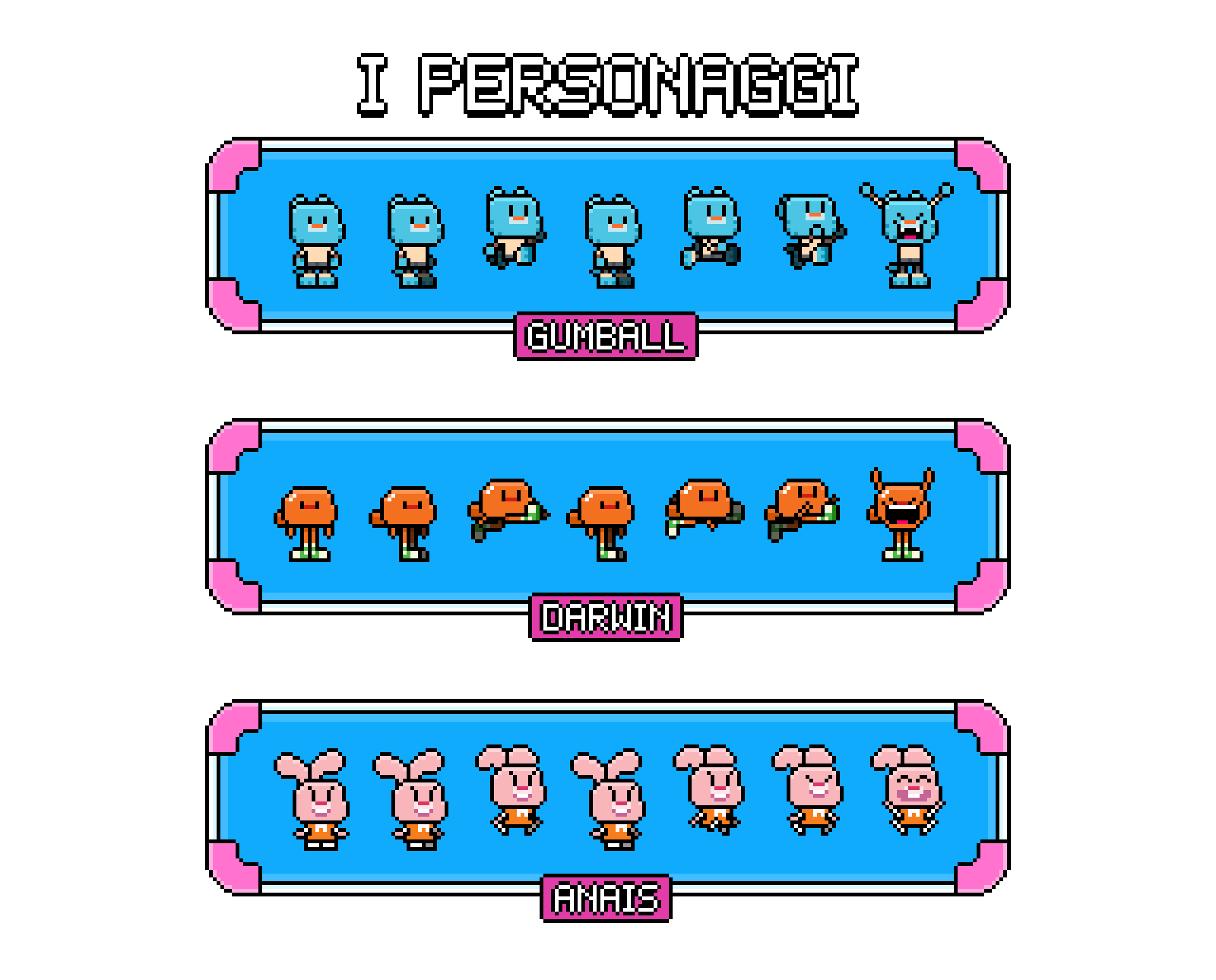 Sprite animati di Gumball, Darwin e Anais in pixel art: corsa, salto ed esultanza