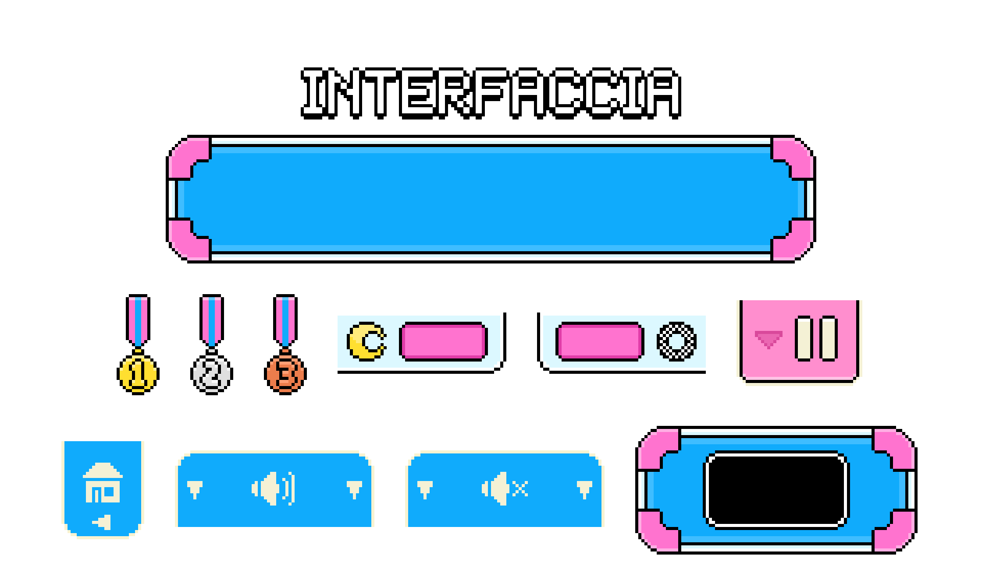 Interfaccia di gioco in pixel art: box dei messaggi, medaglie, pulsanti e contatori