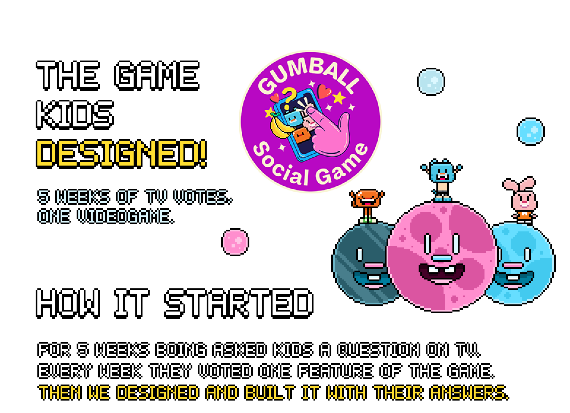 Gumball Social Game, il videogioco Boing deciso dai bambini: titolo, logo e i tre protagonisti in pixel art