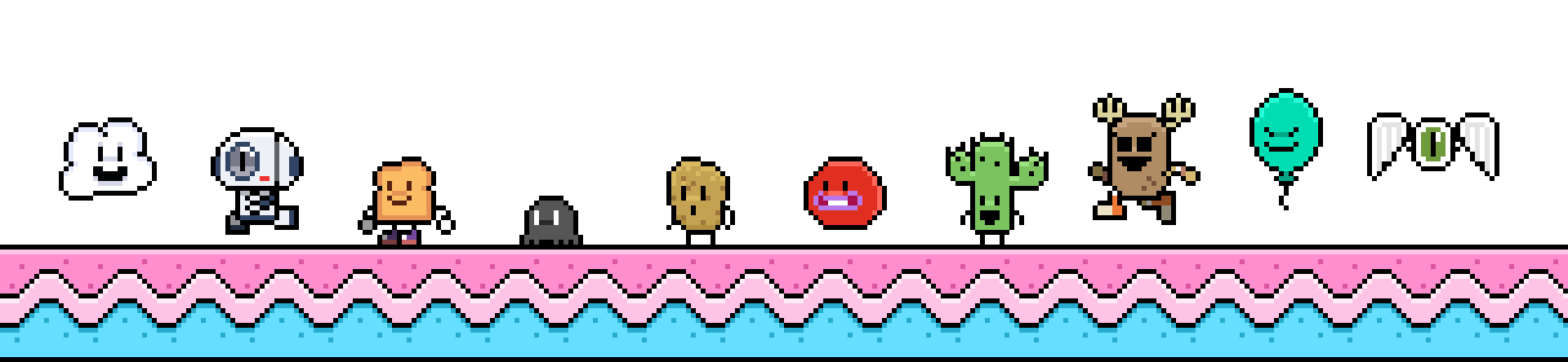 Animazione in pixel art degli amici di Gumball che corrono, avversari del gioco