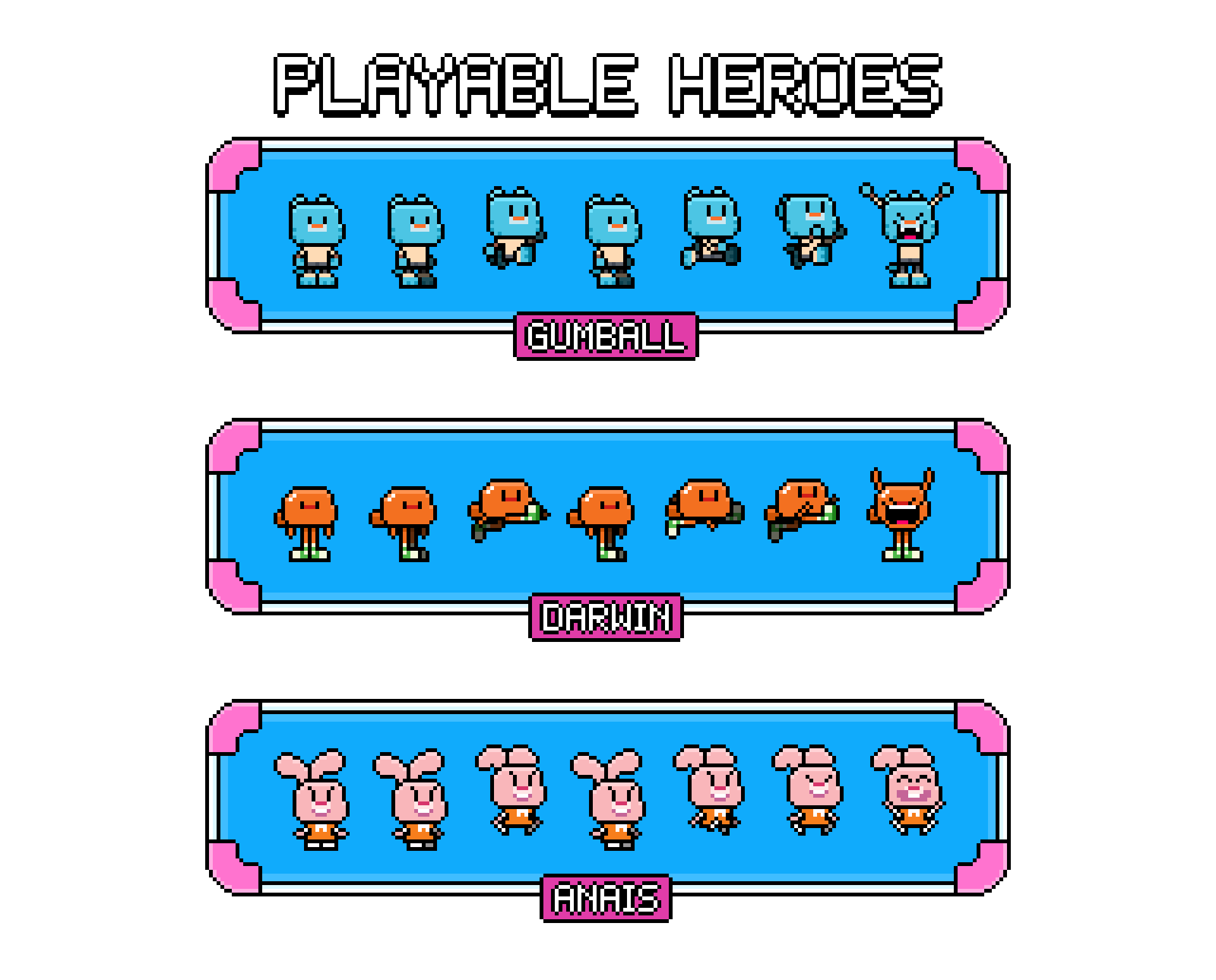 Sprite animati di Gumball, Darwin e Anais in pixel art: corsa, salto ed esultanza