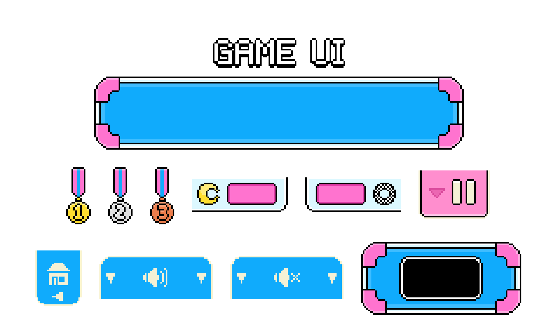 Interfaccia di gioco in pixel art: box dei messaggi, medaglie, pulsanti e contatori