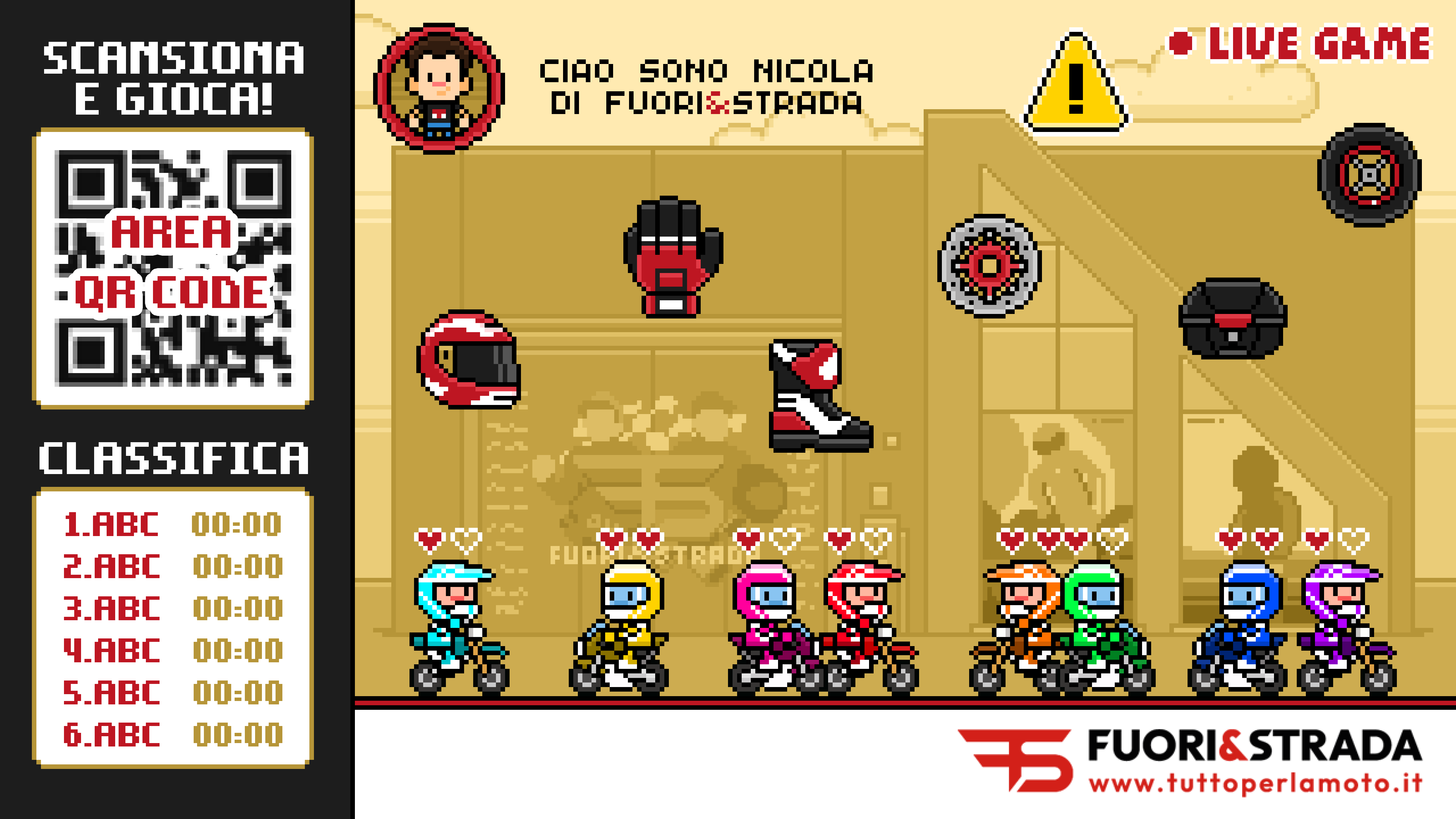 Live game Fuori&Strada: motociclisti in pixel art che schivano caschi, guanti e stivali