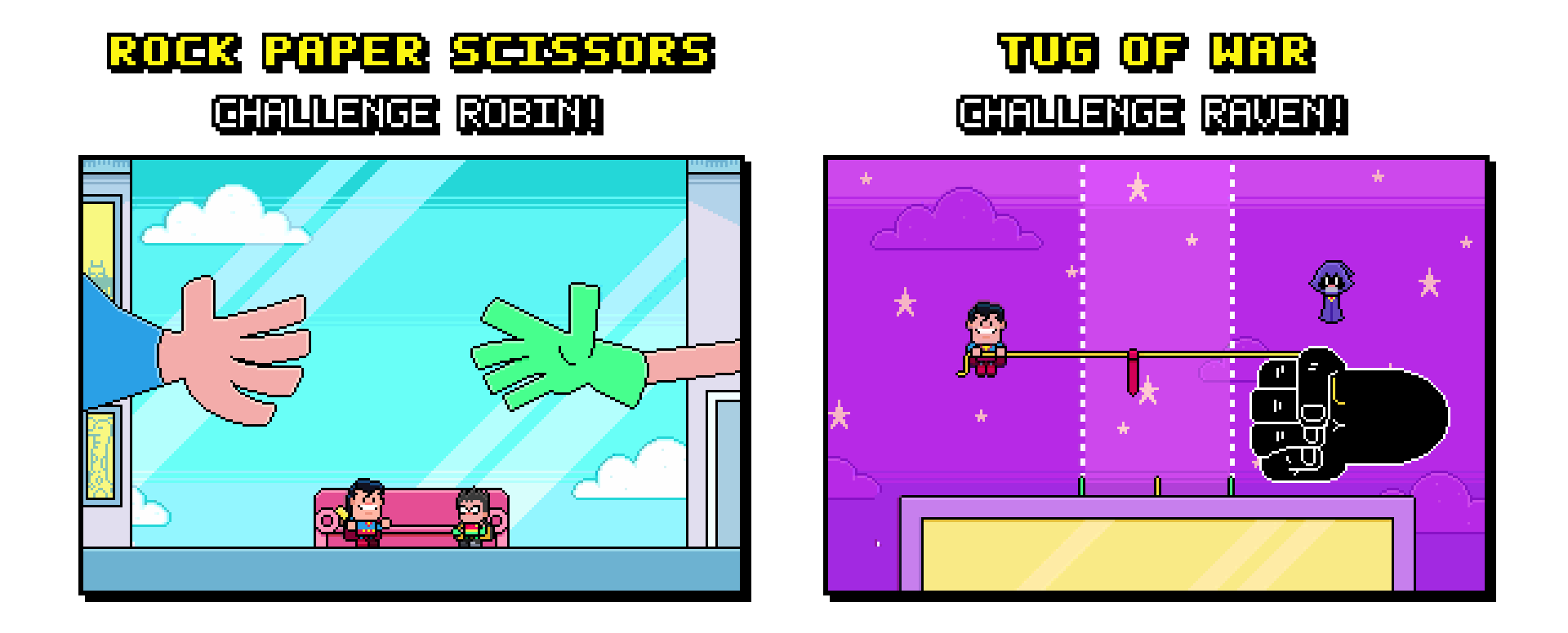 Super Go! mini-challenges: rock-paper-scissors against Robin and tug of war with Raven