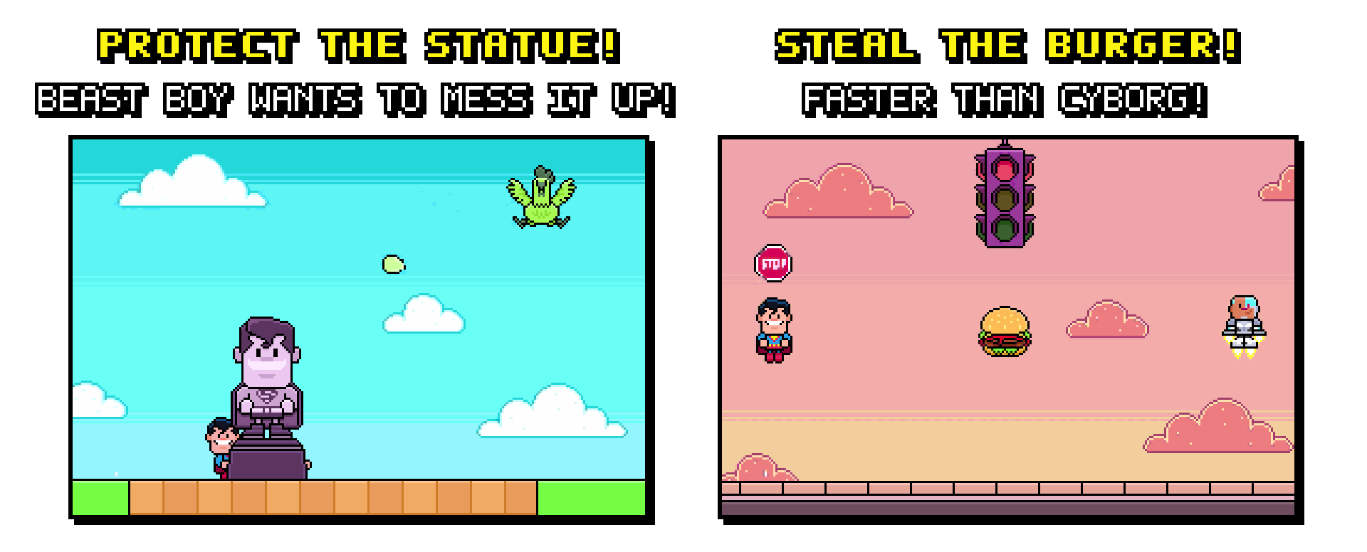 Super Go! mini-challenges: protect the statue from chicken Beast Boy and steal the burger from Cyborg