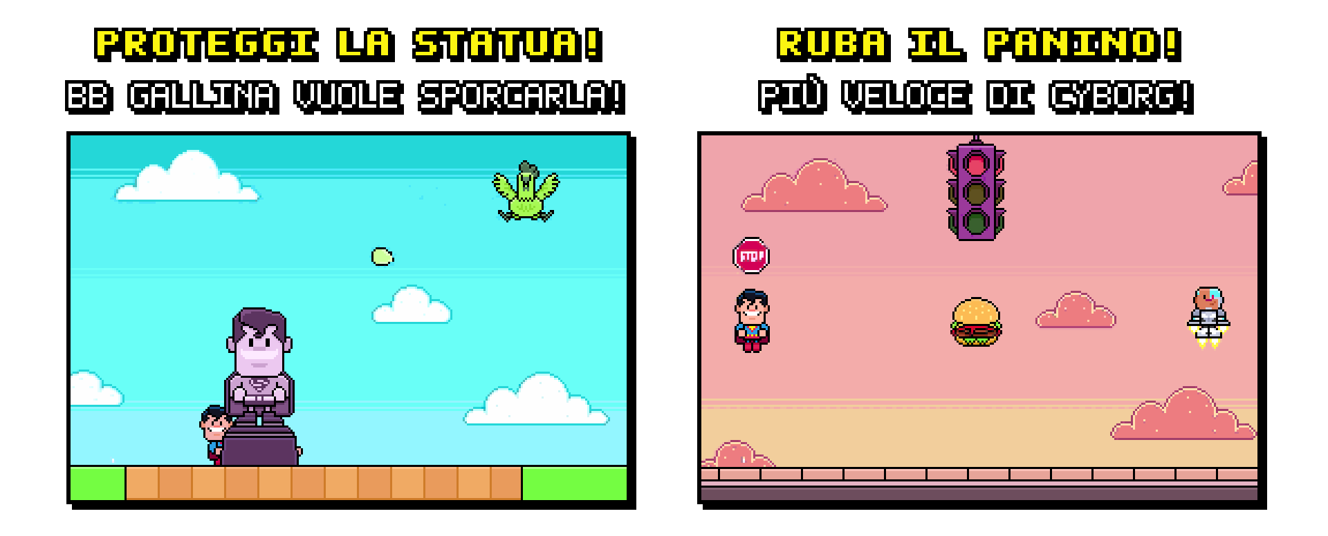 Mini sfide di Super Go!: proteggi la statua da BB gallina e ruba il panino a Cyborg