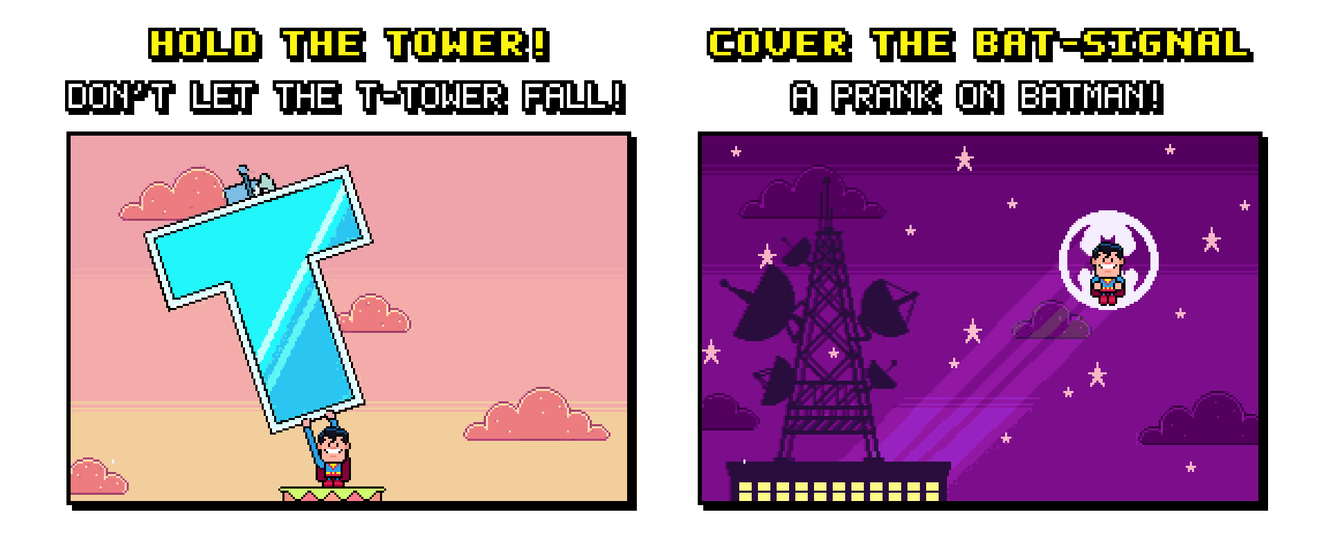 Super Go! mini-challenges: hold up the T-Tower and cover the Bat-Signal