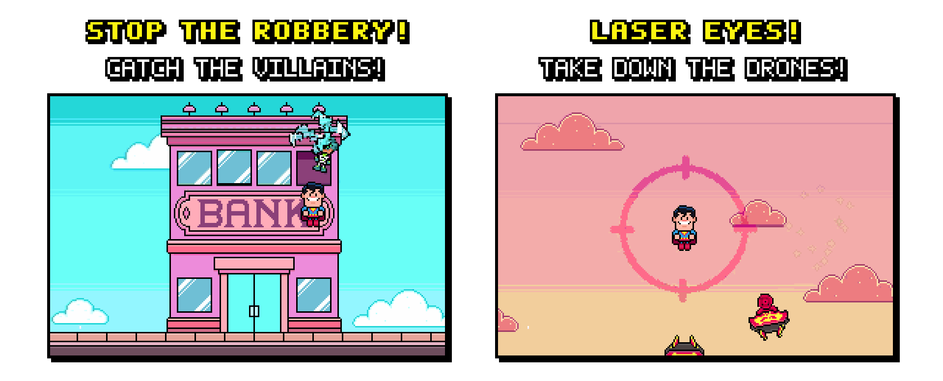 Super Go! mini-challenges: stop the bank robbery and take down drones with laser eyes