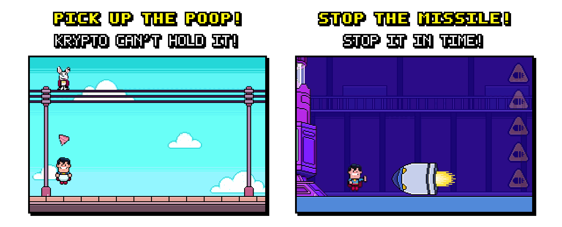 Super Go! mini-challenges: catch Krypto’s poop and stop the missile