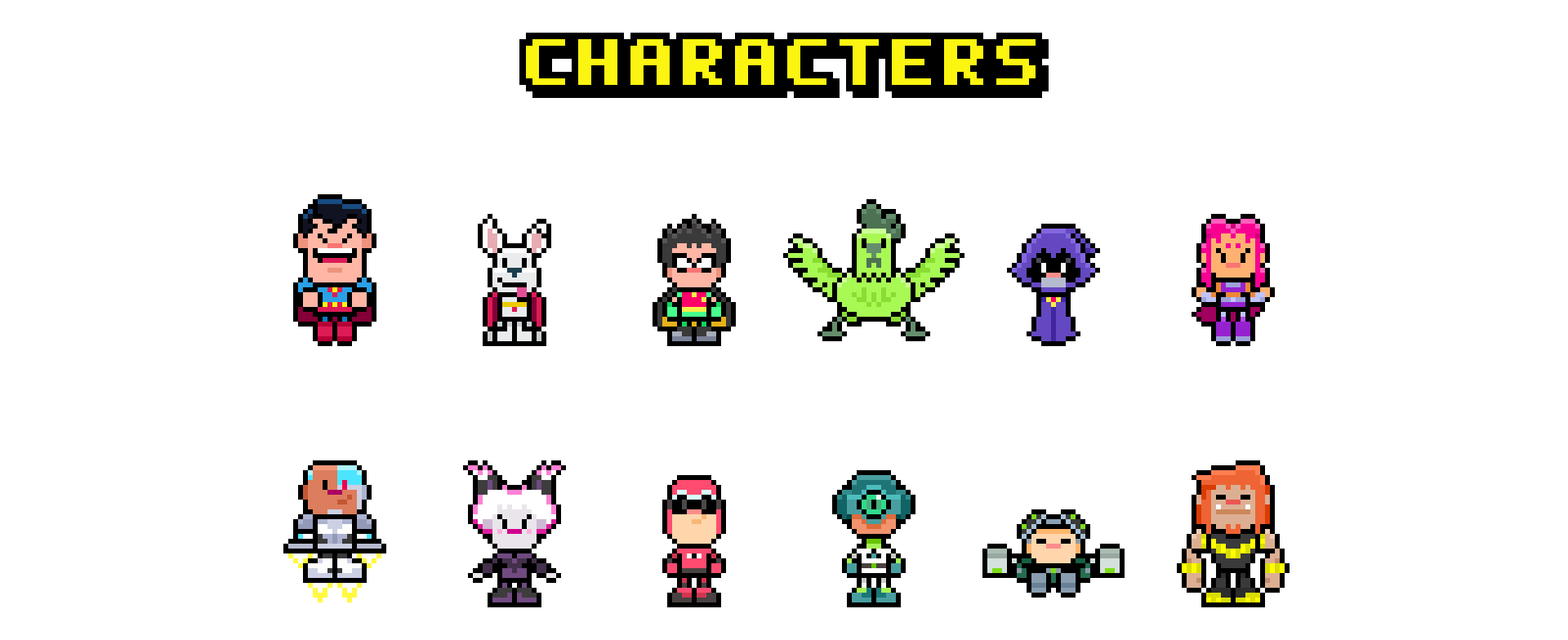 The Super Go! characters in pixel art: Superman, Krypto and the Teen Titans