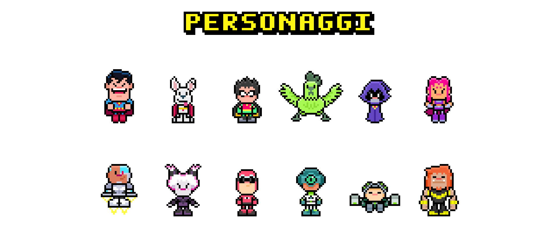 I personaggi di Super Go! in pixel art: Superman, Krypto e i Teen Titans