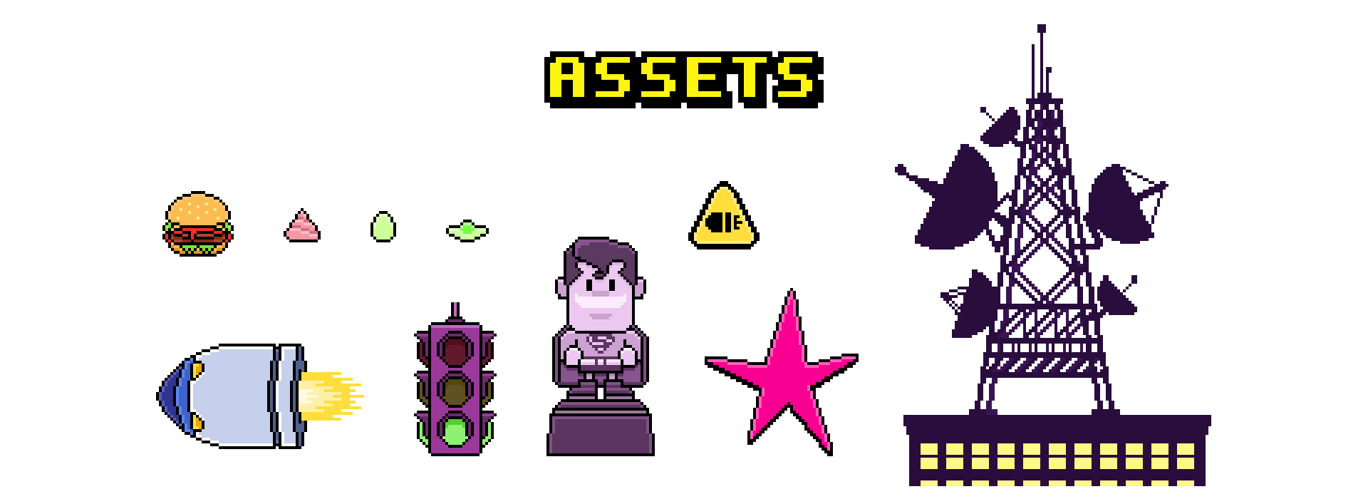 Super Go! pixel art assets: burger, traffic light, Superman statue, star and T-Tower