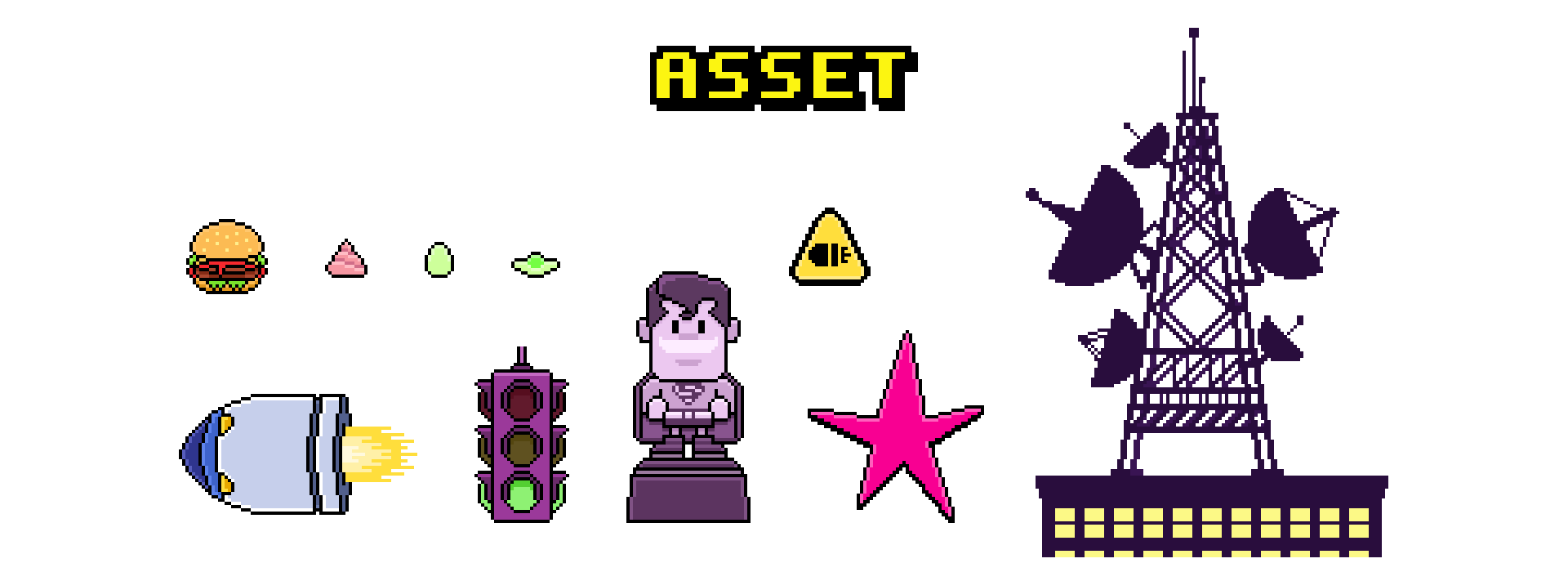 Asset in pixel art di Super Go!: panino, semaforo, statua di Superman, stella e T-Tower