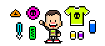 The_Oluk, personaggino in pixel art che indica gadget e magliette: servizio gadget