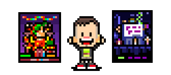 The_Oluk, personaggino in pixel art tra due locandine: servizio poster